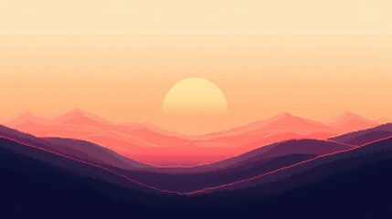 Obraz premium Pixel sunrise over rolling hills with warm tones of orange and pink in the sky