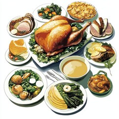 A festive spread featuring a golden roasted turkey surrounded by various side dishes, including vegetables, gravy, and desserts.