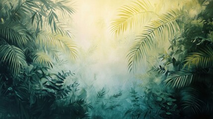 Tropical rainforest canopy with palm fronds and vines blending into misty light