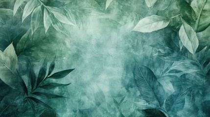 Abstract rainforest with watercolor leaves mist rolling through the layers