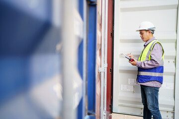 Customs clearance officer or shipyard engineer is inspects against the import - export cargo...