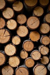 Stack of neatly arranged wood logs, showcasing the concentric rings and natural texture of the timber