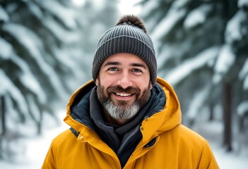 A man with a beard and a yellow coat is smiling in a snowy forest.