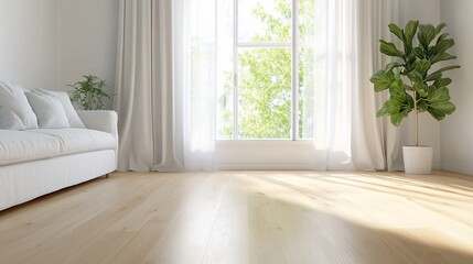 Sunlit living room with sofa, plants, and hardwood floor
