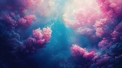 Fototapeta premium Giant coral formations resembling flowers with glowing teal highlights in a pastel underwater scene