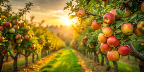 Fototapeta premium Golden Hour Abundance Ripe Apples Glowing on Branches in a Lush Orchard at Sunset