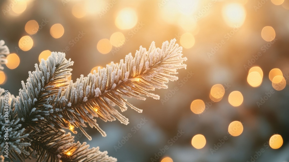 Poster enchanting winter scene of frosted pine branch with bokeh lights creating a warm and festive atmosph