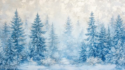 Fototapeta premium Icy pine trees covered in frost mist rolling through the snow-covered landscape
