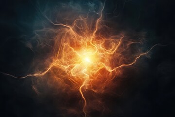Powerful burst of energy surrounded by swirling clouds in an abstract cosmic setting