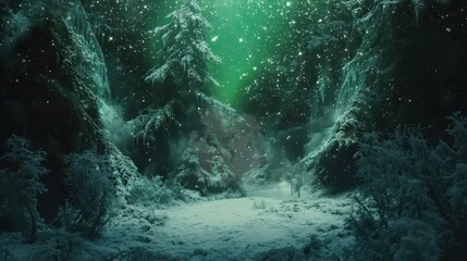 Frozen glade with soft snow and glowing ice crystals aurora illuminating the winter night