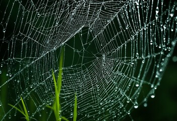 A close-up photograph of a spiderweb with water droplets and grass.