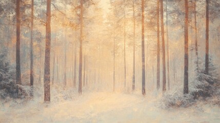 Fototapeta premium Icy forest with glowing frost-laden pines and mist rising beneath a pastel winter sky