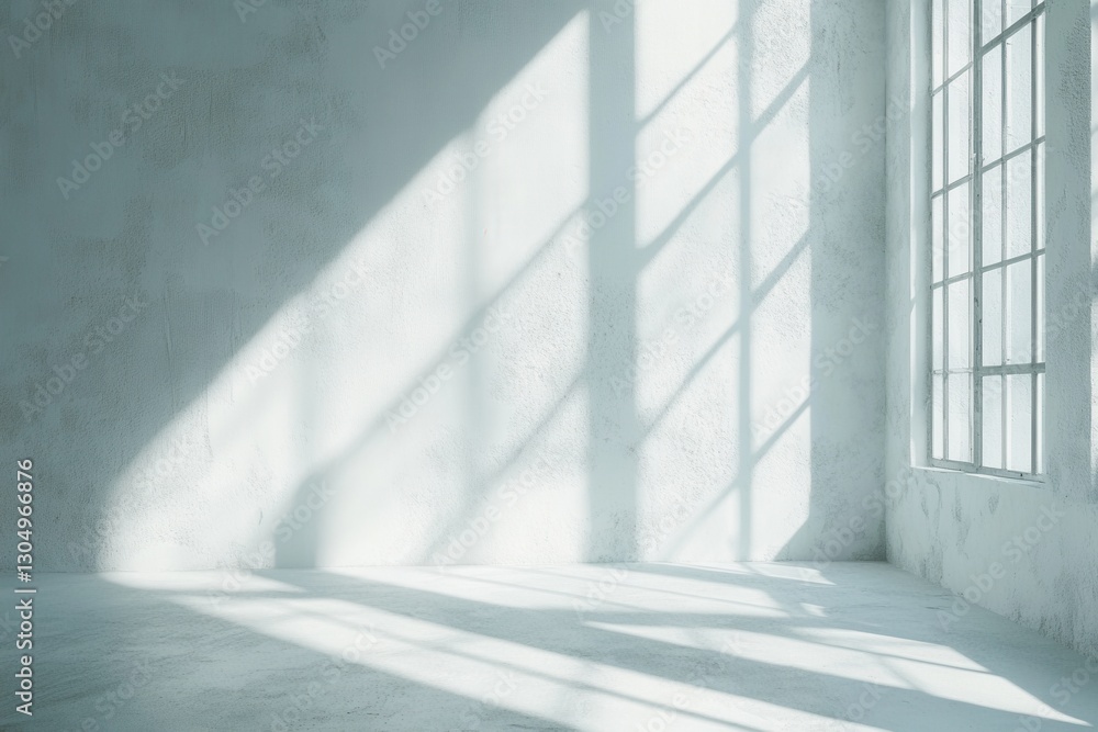 Poster serene light streams through a window casting shadows on a textured wall in a spacious white room