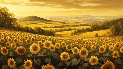 Fototapeta premium Endless sunflower field with golden light casting long shadows across the warm fields