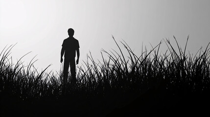 Silhouette of a man standing in tall grass against a gray dusk sky conveying solitude and mystery

