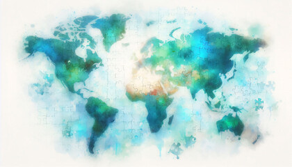 Dreamy Watercolor World Map with Puzzle Pieces Breaking Apart – Soft Strokes, Pastel Blues and Greens, Subtle Digital Glow, and Fine Art Realism