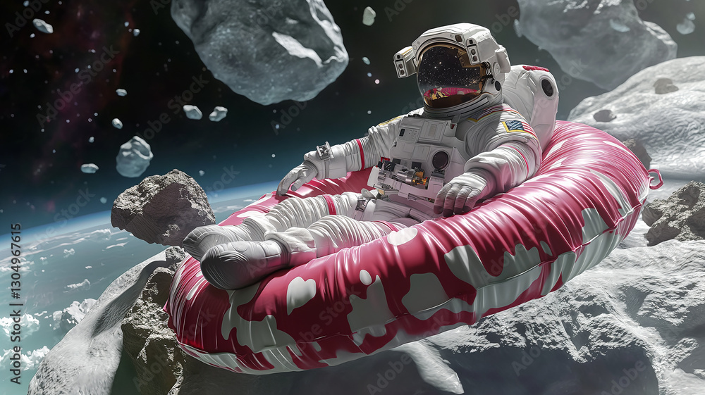 Poster this astronaut relaxes on a colorful raft among floating asteroids.