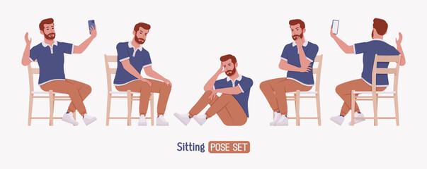 Man, bearded handsome guy casual sporty wear sitting pose set. Stylish athletic sportswear polo, jogs for exercise, modern active life, fit city activity. Vector flat style cartoon illustration