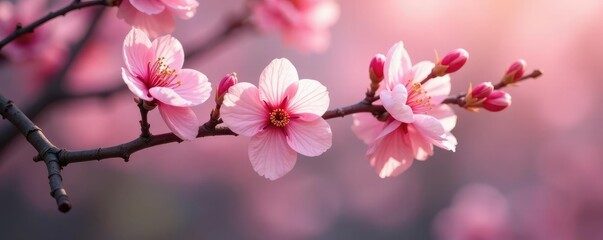 Obraz premium Soft pink petals unfolding on ancient sakura branches, landscape, pink petals