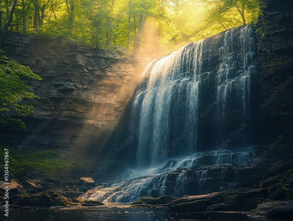 Poster majestic waterfall surrounded by lush greenery in a serene forest setting with sunlight streaming th
