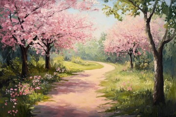 A picturesque springtime path lined with blossoming cherry trees, bathed in soft sunlight.