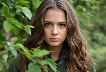 Fototapeta premium A young woman with long brown hair and green eyes standing behind some leaves.