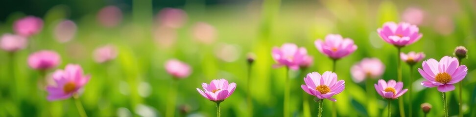 Soft pink ranunculus flowers scattered in a lush green meadow, spring bloom, nature
