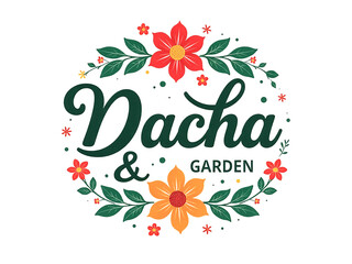 Obraz premium Flowery logo for Dacha and Garden. Logo using flowers, vegetables and green leaves. Inscription Dacha and Garden