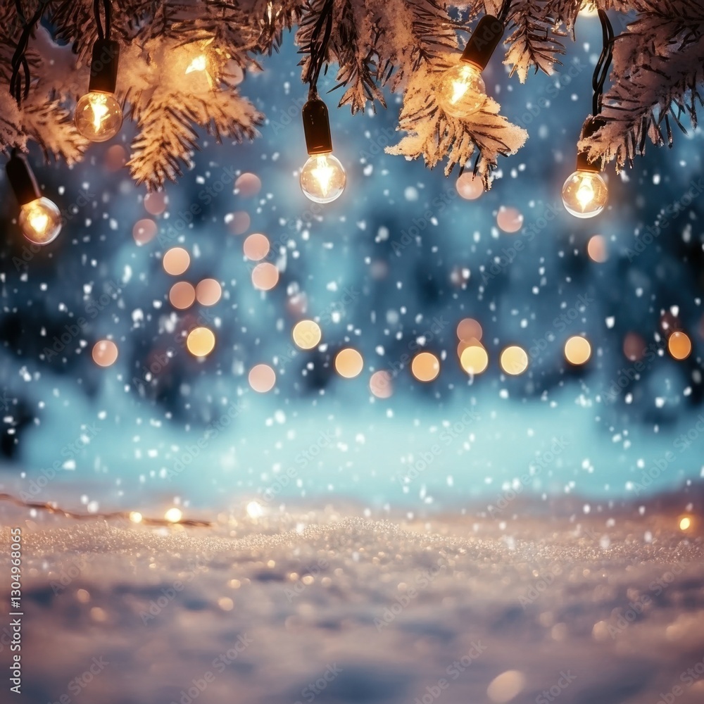 Poster enchanting winter scene with snow covered branches adorned with warm glowing string lights creating 