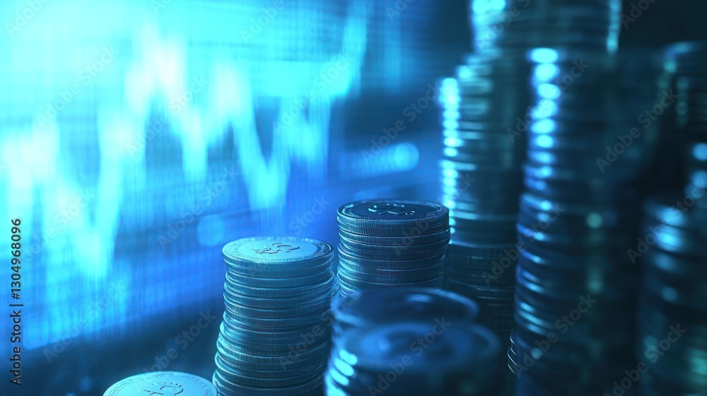 Poster Stacks of coins against a financial chart background. Possible use Stock photo