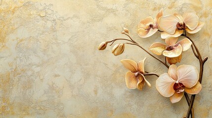 Art Nouveau design featuring orchids and gold accents on textured paper