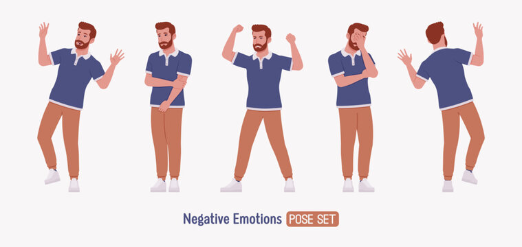 Man, bearded handsome guy casual sporty wear negative emotion set. Stylish athletic sportswear polo, jogs for exercise, modern active life, fit city activity. Vector flat style cartoon illustration