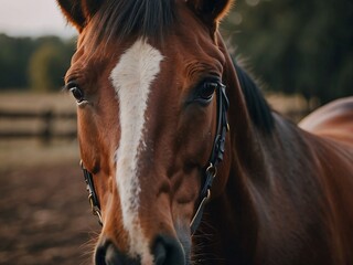Serene Brown Horse with Rustic Halter Grazing on Countryside Ranch - Close-up Equine Beauty in Natural Light