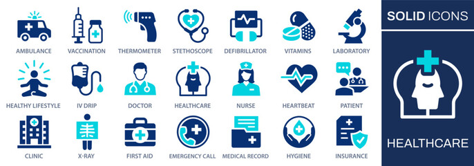 Healthcare icon set. Collection of medicine, doctor, clinic, health and more. Vector illustration. Easily changes to any color.