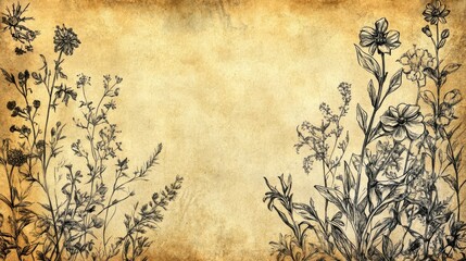 Wildflowers and healing herbs illustrated on crumpled parchment with water stains