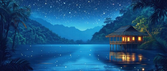 Fototapeta premium Tranquil tropical night landscape with stilt house on serene lake under starry sky and lush vegetation in blue tones creating a peaceful and dreamy atmosphere