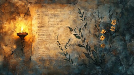 Naklejka premium Medieval botanical backdrop with sacred herbs illuminated by warm candlelight