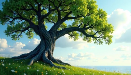 Naklejka premium The ancient tree's gnarled branches reach towards the sky, serene atmosphere, natural scenery