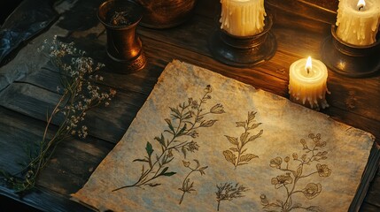 Alchemical background with glowing botanical drawings on ink-stained parchment