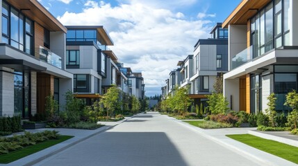 Modern townhouses lined street, sunny day