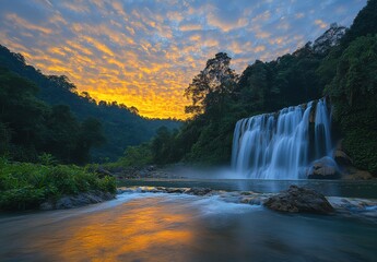 Fototapeta premium Majestic Waterfall Surrounded by Lush Greenery Under a Colorful Sky During Dawn with Reflections on Calm Water Surface