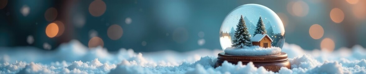 Tiny glass snow globe with a frosty snowy landscape, ornaments, isolated, delicate