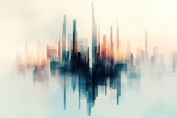 Fototapeta premium Abstract city skyline with ethereal colors at dawn surrounded by mist