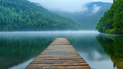Obraz premium Tranquil wooden dock extending into a serene misty lake surrounded by lush green mountains and foggy forest scenery