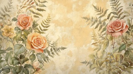 Vintage botanical wallpaper with flowing floral motifs of roses and ferns in soft hues