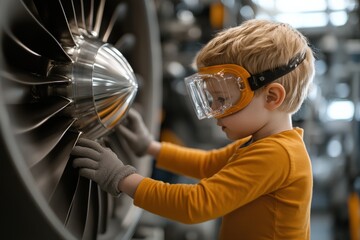 Young child wearing goggles explores a turbine engine, inspiring future engineers. Hands-on STEM education fosters curiosity and innovation.