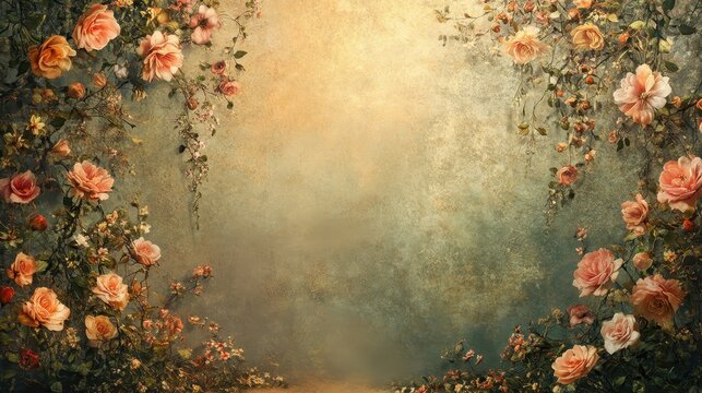 Fototapeta Exquisite Victorian wallpaper with curling ivy and soft powdery pastel flowers