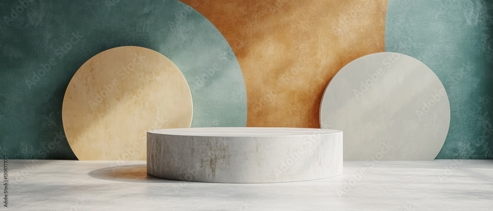 Poster minimalist podium display with geometric shapes against textured wall backdrop for product presentat