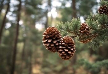 Pine Cones on Pine Tree Branch.