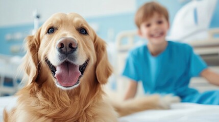 Therapeutic dog visits young patient in hospital room uplifting care emotional support environment heartwarming viewpoint